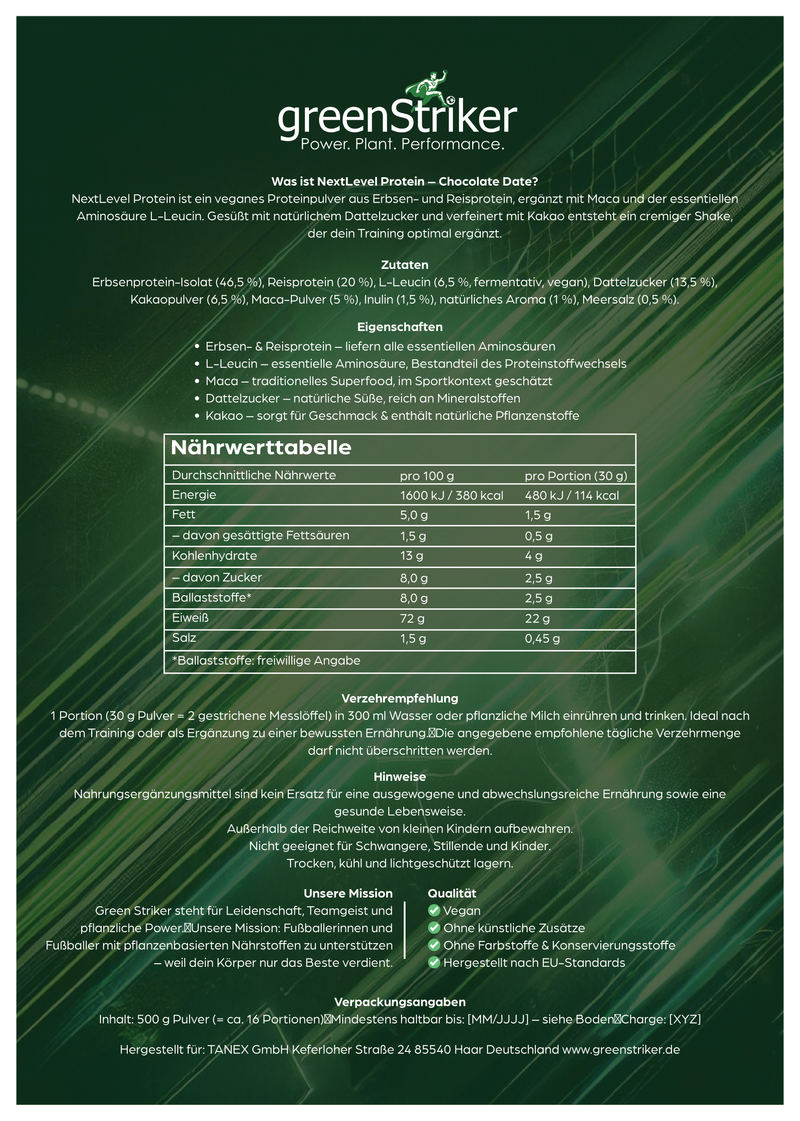 NextLevel Protein – Pflanzliches Proteinpulver Schoko Dattel | GreenStriker