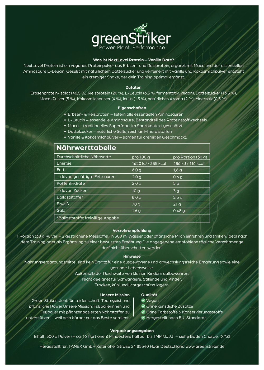 NextLevel Protein – Pflanzliches Protein Vanille Dattel | GreenStriker